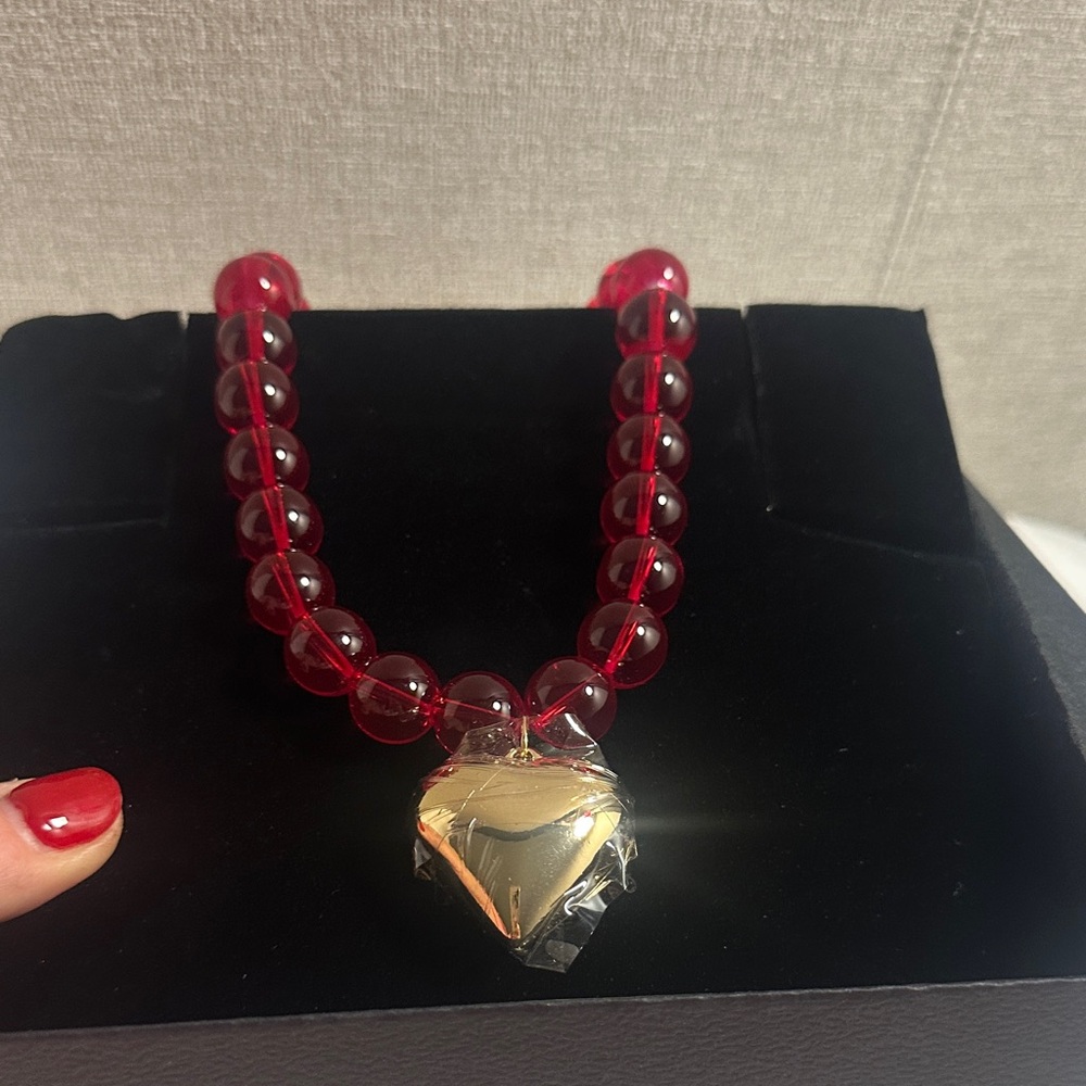 Red Beaded Necklace with Gold Heart Pendant